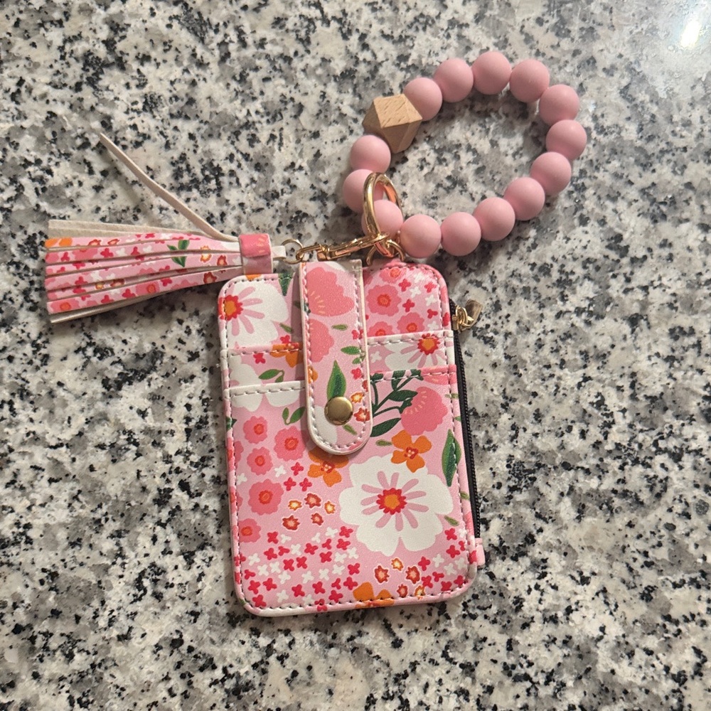 Pink Floral Card Holder Keychain with Beaded Bracelet